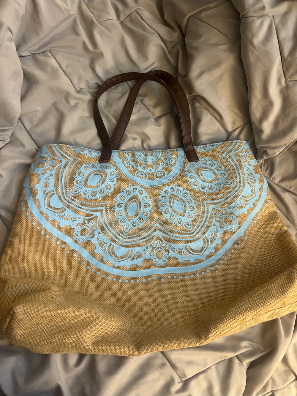 Woven Beach Tote Bag with Blue Paisley Print